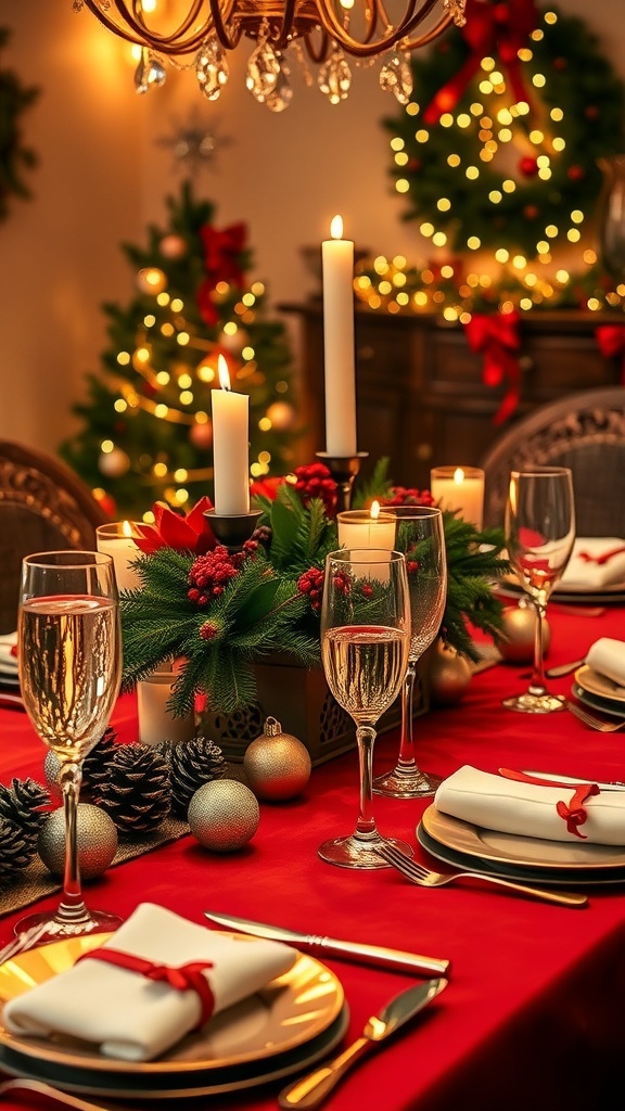 Elegant Christmas Table Settings with Champagne A festive Christmas table setting with red tablecloth, elegant dinnerware, champagne flutes, and a beautiful centerpiece.